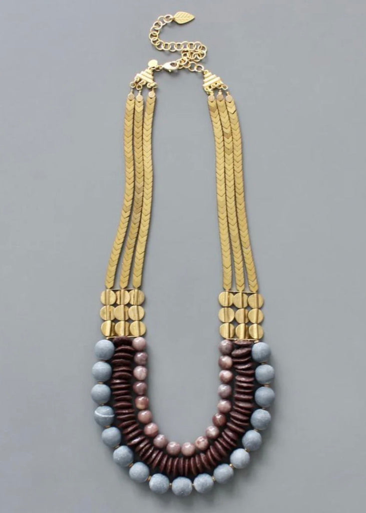 Triple Stand Stone & African Glass Necklace