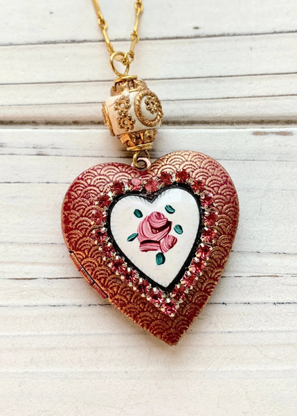 Rose Bud Heart Locket Necklace