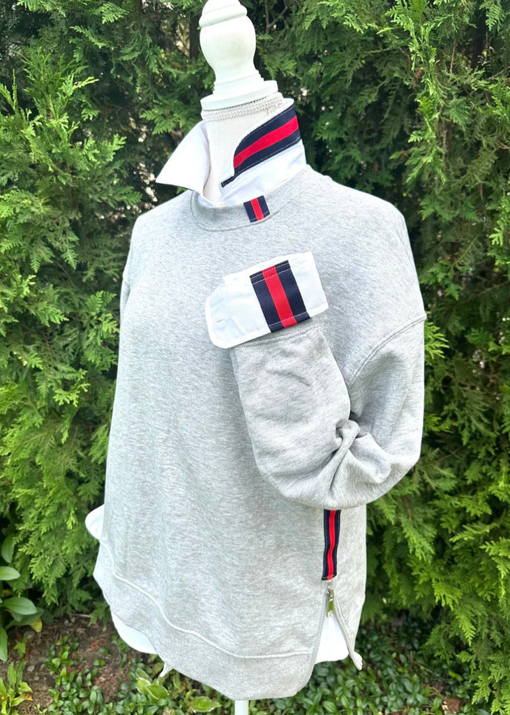 Danny Crew Neck Sweatshirt - Grey w Navy & Red Stripe Ribbon