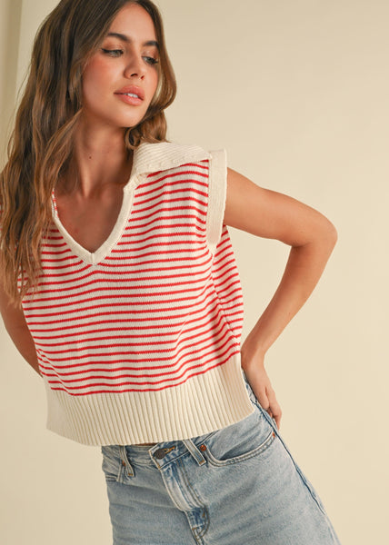 V-Neck Stripe Collar Knitted Top