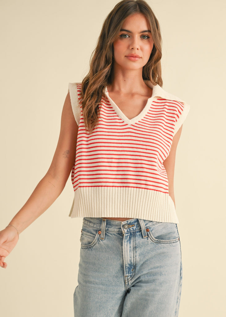 V-Neck Stripe Collar Knitted Top