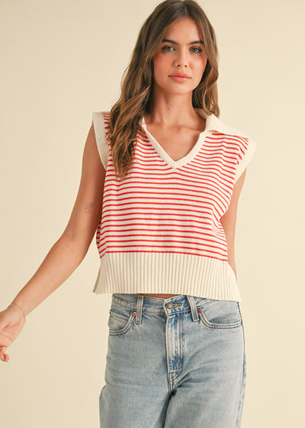 V-Neck Stripe Collar Knitted Top