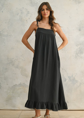 Navy Embroidered Detail Gauze Dress