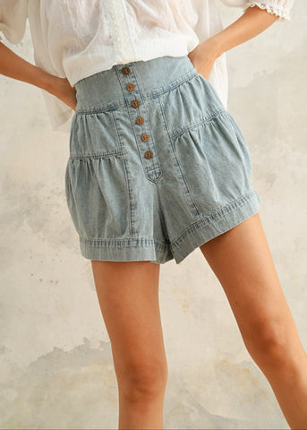 Tiered Button Down Denim Shorts