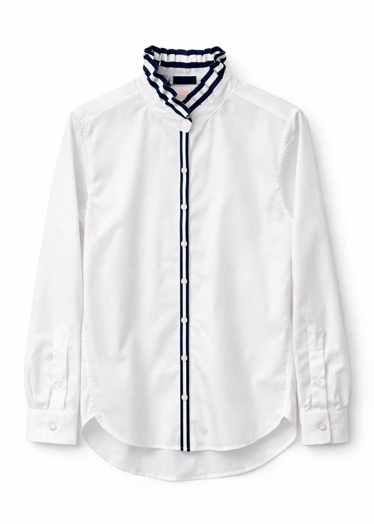 Kate Ruffled Ribbon Collar - White w Navy & White Stripe Ribbon