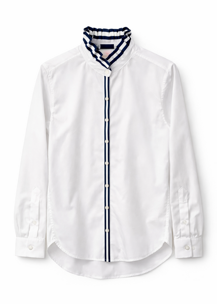 Kate Ruffled Ribbon Collar - White w Navy & White Stripe Ribbon
