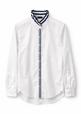 Kate Ruffled Ribbon Collar - White w Navy & White Stripe Ribbon