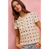 So Me - POLK-A-DOT KNIT LACE TRIM ON NECKLINE SHORT TOP - OFF WHITE/BLACK / XL