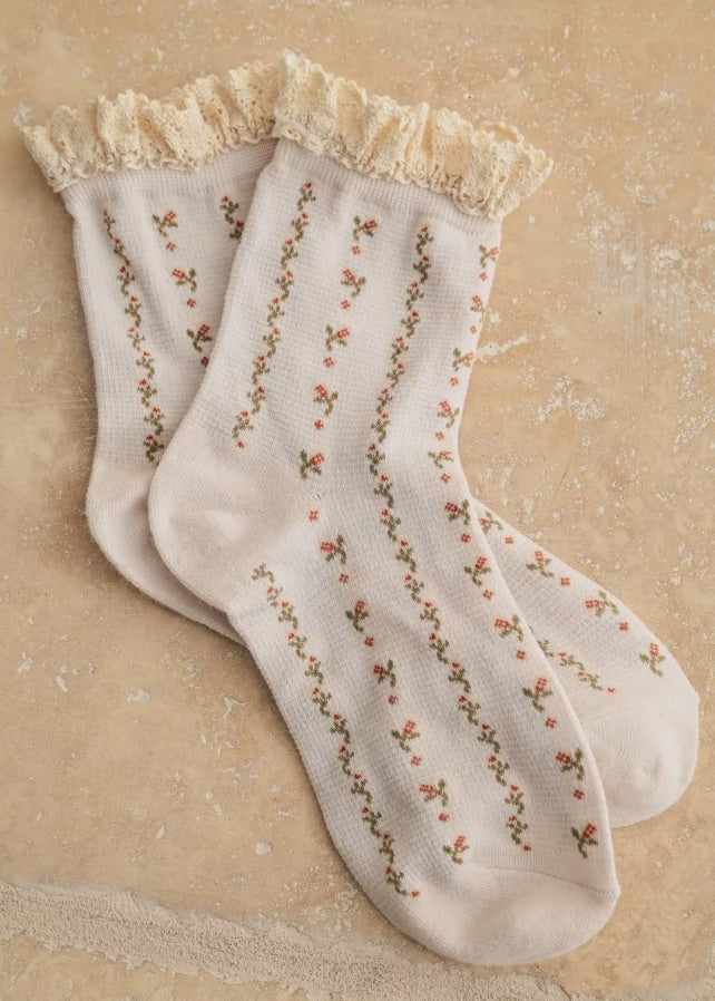 Floral Print Crochet Trim Socks