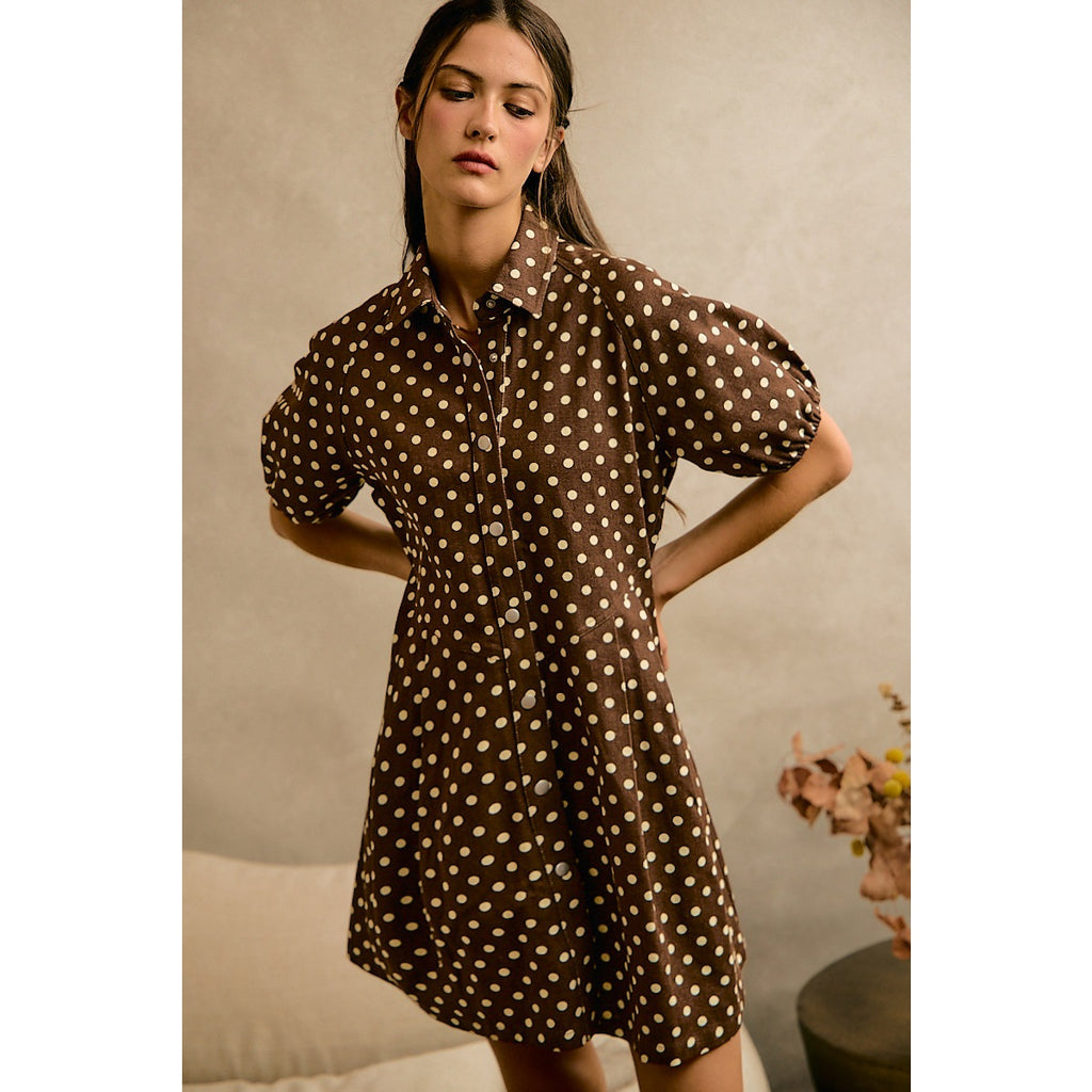 Polka Dot Twill Puff-Sleeve Mini Dress