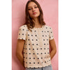 So Me - POLK-A-DOT KNIT LACE TRIM ON NECKLINE SHORT TOP - OFF WHITE/BLACK / L
