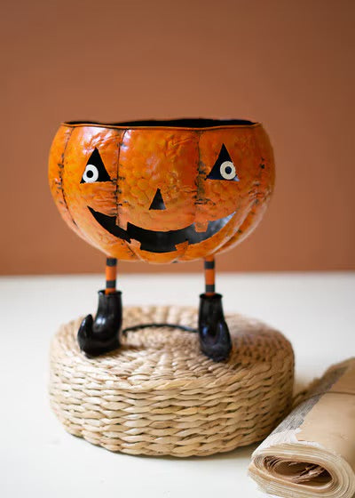 Painted Metal Halloween Bowl / Jack-O-Lantern