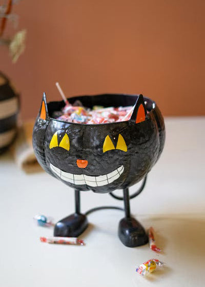 Painted Metal Halloween Bowl / Black Cat