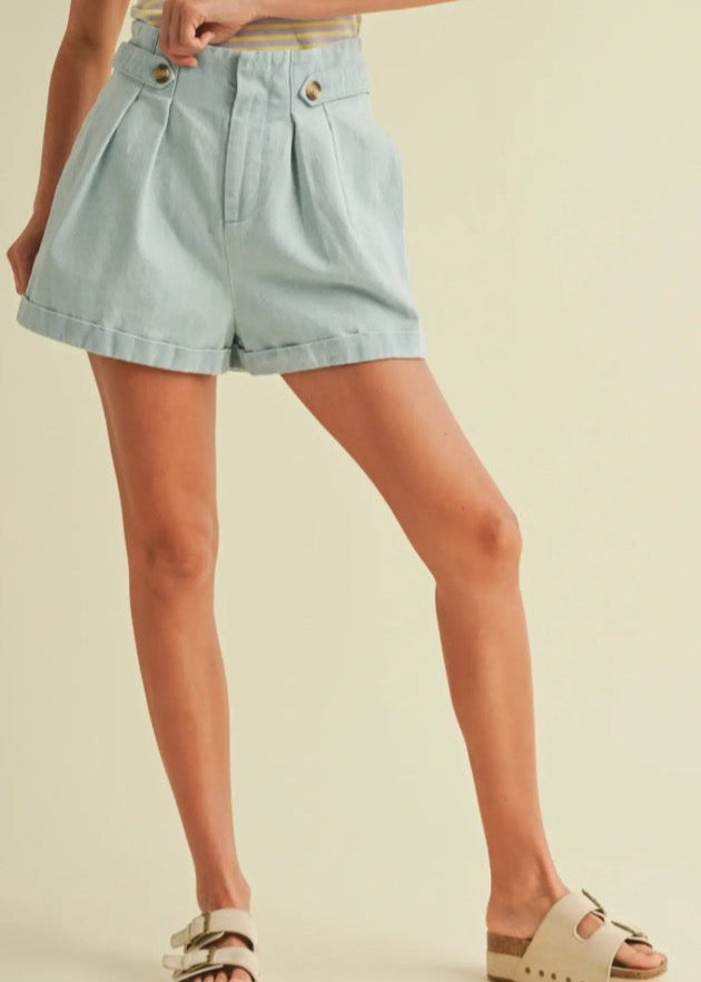 Pleated Denim Shorts