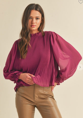 Pleated High Ruffle Neck Top