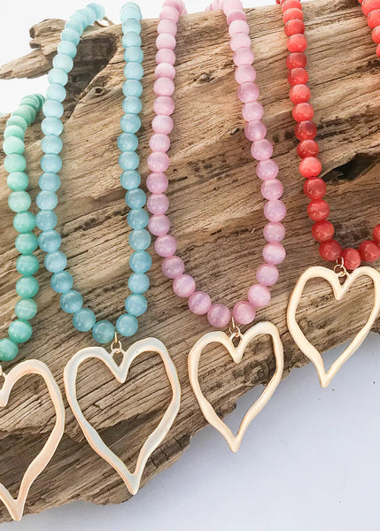 Gemstone Beaded Necklace w/ XL Heart