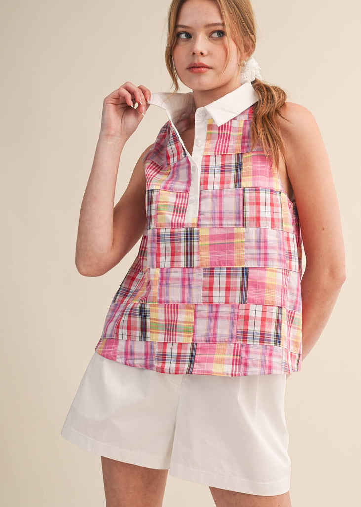 Plaid Patchwork Collared Sleeveless Top