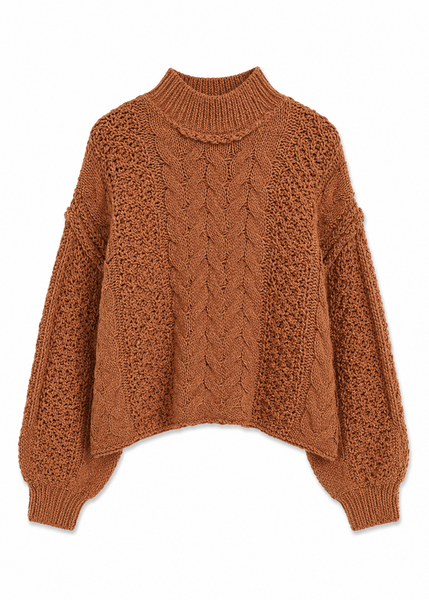 Mock Neck Balloon Sleeve Cable Knit Pullover Sweater