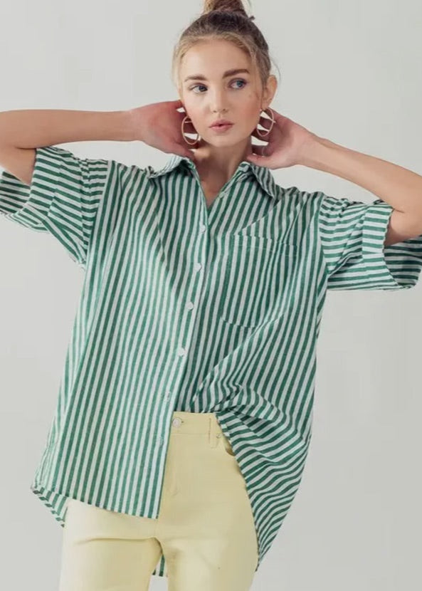 Button Down High Low Stripe Top