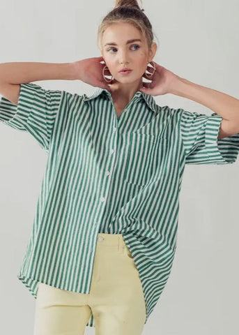 Button Down High Low Stripe Top