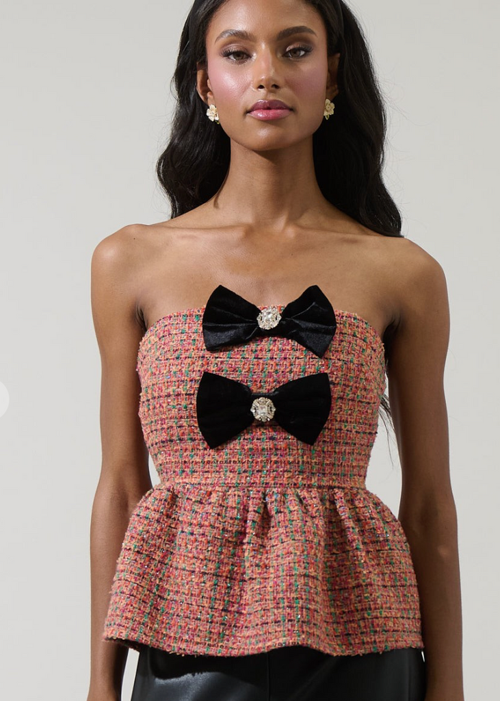 Tweed Bow Strapless Top