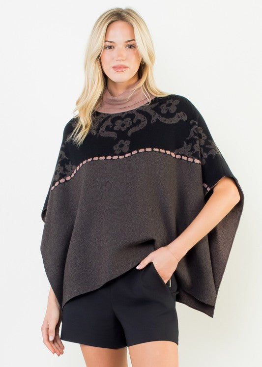 Jacquard Floral Knit Poncho
