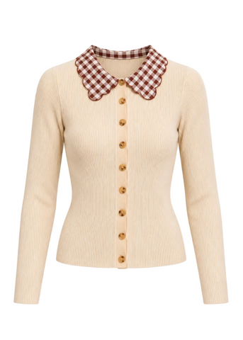 Scallop Edge Collared Button Down Knit Top