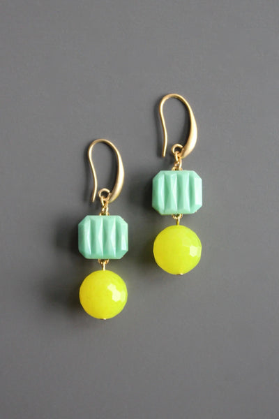 Vintage Mint Glass and Yellow Earring