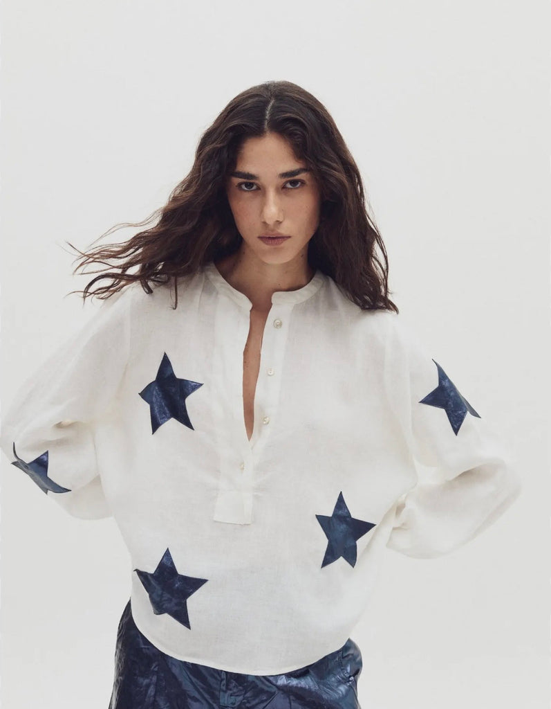 Make A Wish Linen Shirt - Off White with Dark Blue