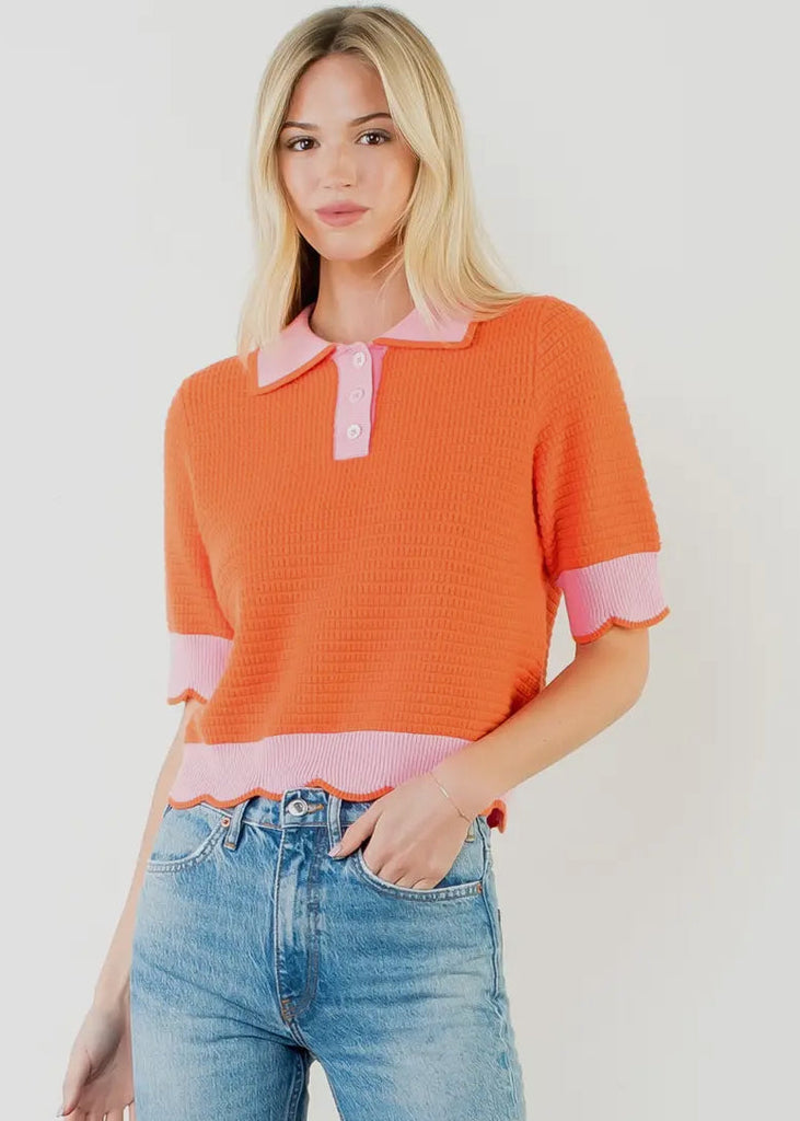 Collared Short Sleeve Knit Top