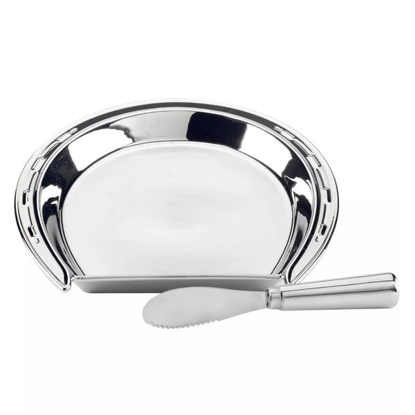 Silver Plated 3-D Horseshoe Cheese Plate with Knife
