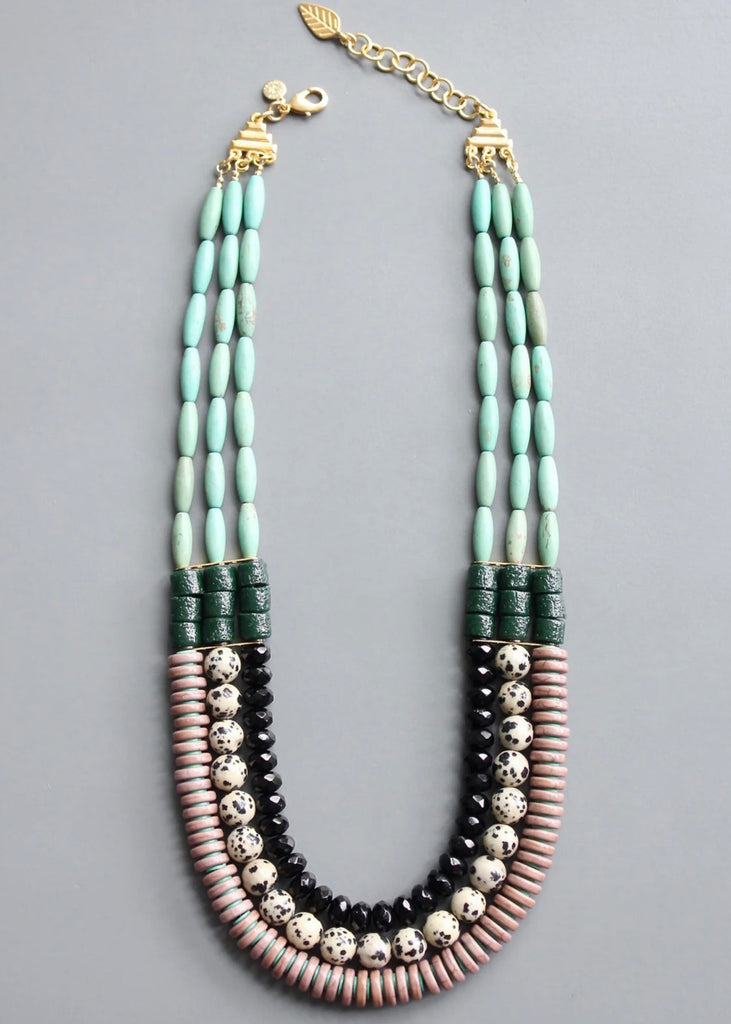 Turquoise and ghana glass triple strand necklace