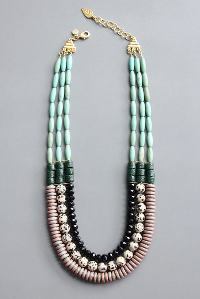 Turquoise and ghana glass triple strand necklace