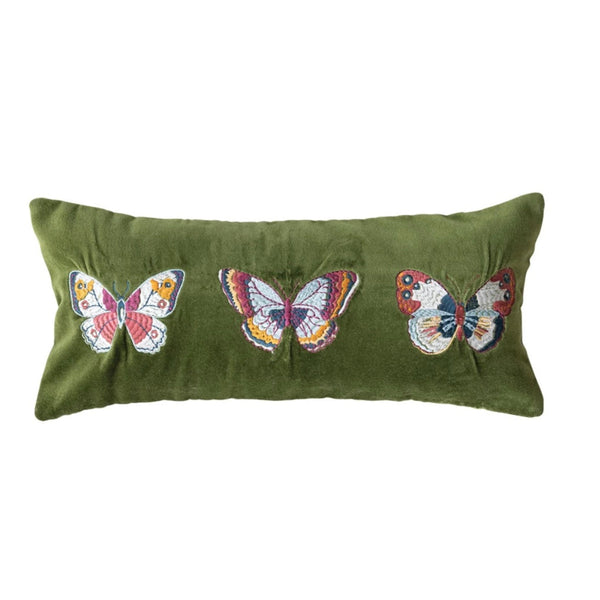 Cotton Velvet Lumbar Pillow with Embroidered Butterflies