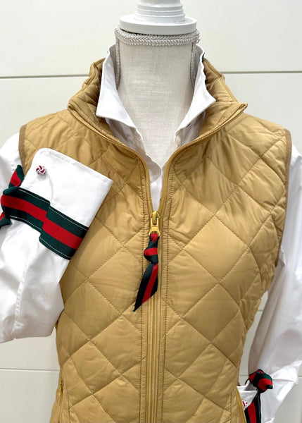 Maggie May Quilted Vest - Khaki w Green & Red Stripe Ribbon