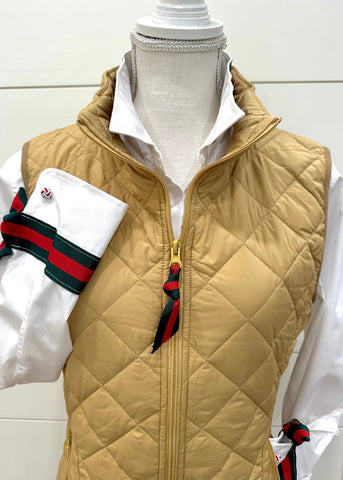 Maggie May Quilted Vest - Khaki w Green & Red Stripe Ribbon