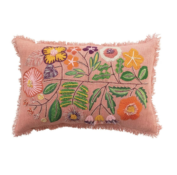 Cotton Lumbar Pillow w/ Embroidered Flowers & Eyelash Fringe