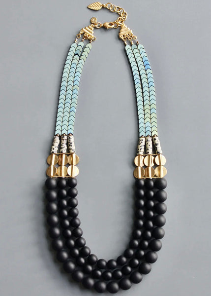 Jet glass and hematite triple strand necklace