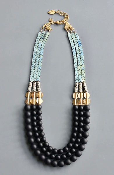 Jet glass and hematite triple strand necklace