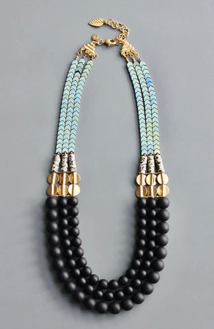 Jet glass and hematite triple strand necklace