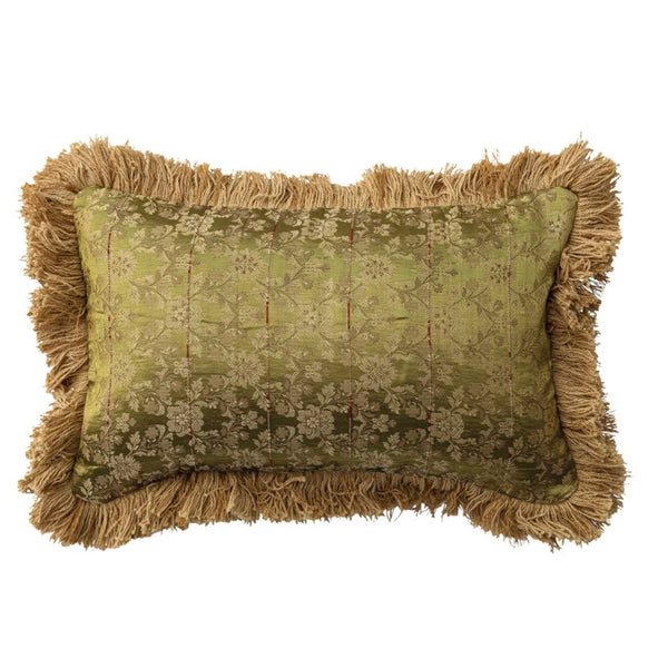 Fabric Blend Jacquard Lumbar Pillow w/ Brocade Pattern, Fringe & Velvet Back
