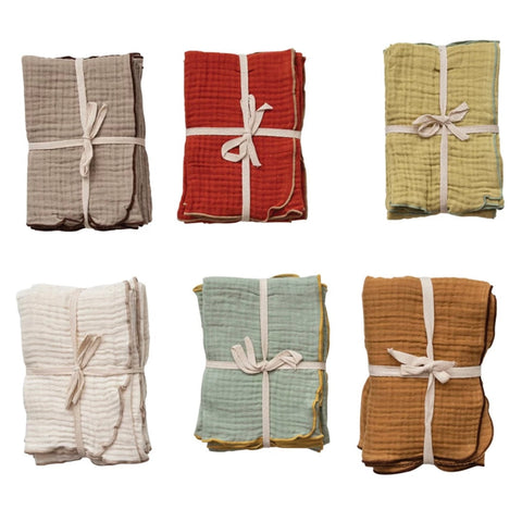 Woven Cotton Double Cloth Napkins w/ Contrasting Stitched Edge