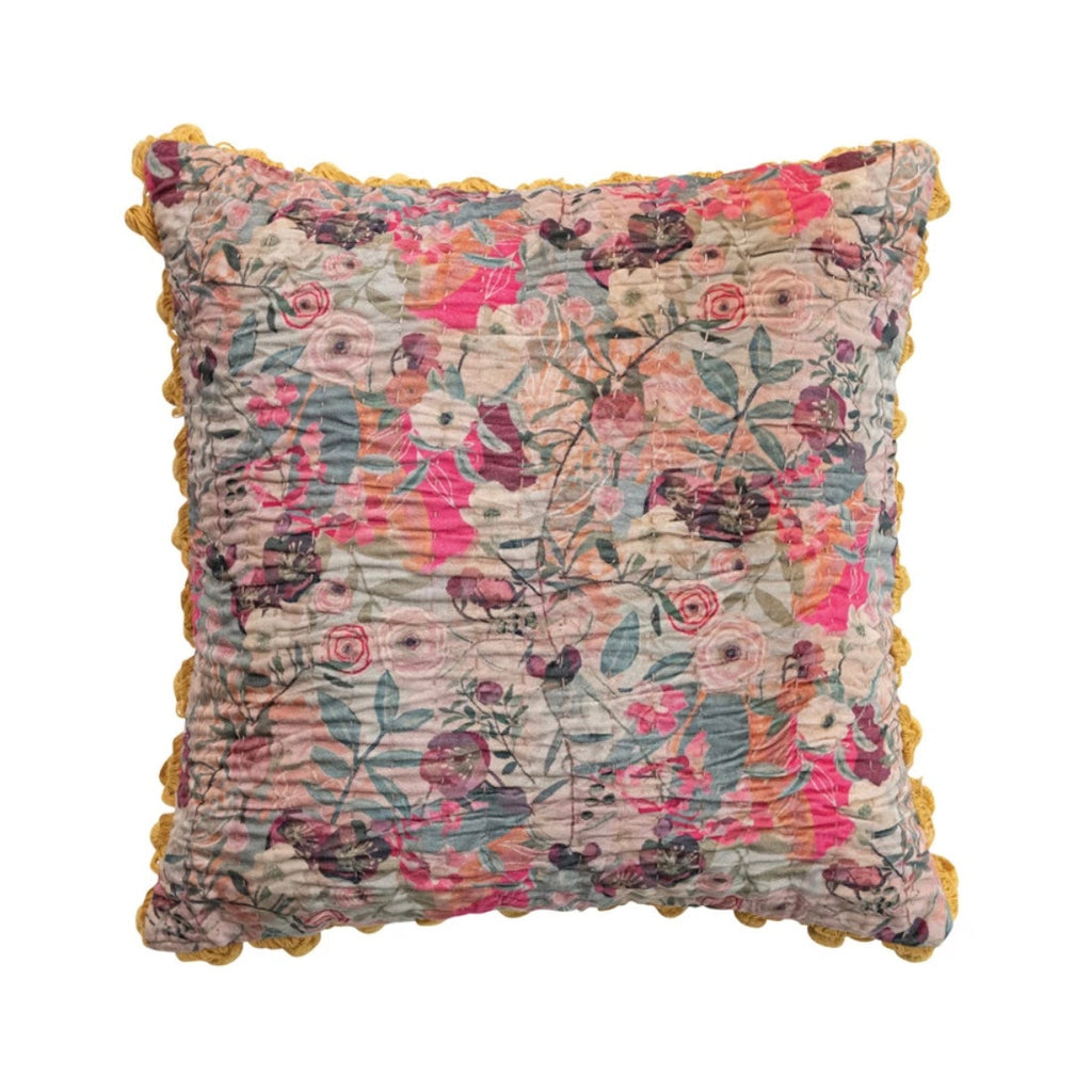 Velvet Printed Pillow w/ Hand-Embroidered Kantha Stitch
