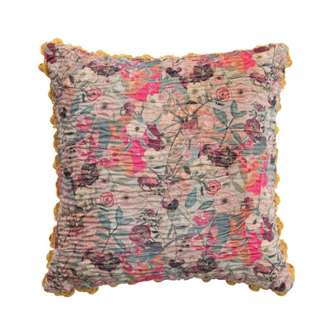 Velvet Printed Pillow w/ Hand-Embroidered Kantha Stitch
