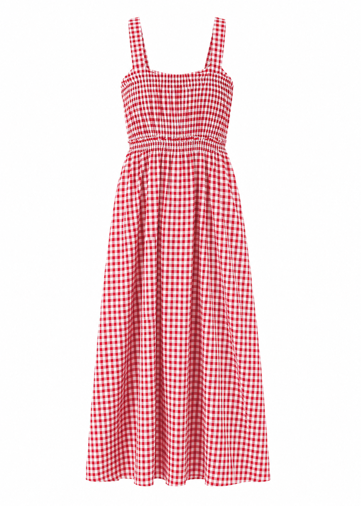 Gingham Smocked Bodice Midi Dress