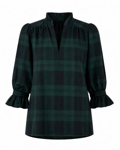 Ruffleneck Tunic - Black Watch Plaid - Navy/Green