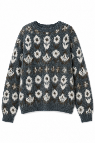 Fuzzy Nordic Diamond Pattern Knit Sweater