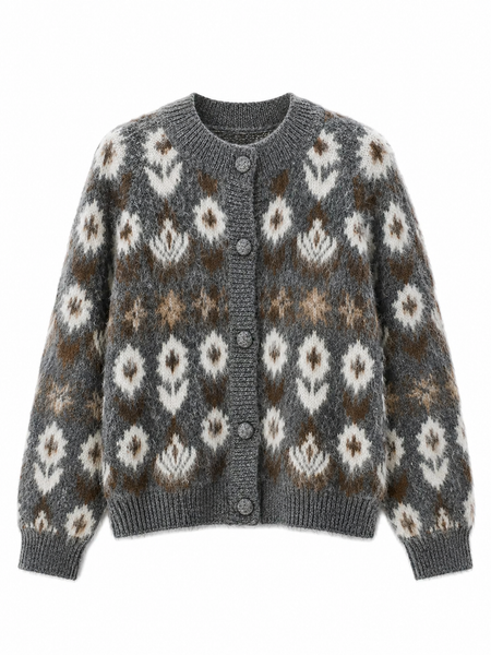 Fuzzy Nordic Floral Diamond Knit Cardigan