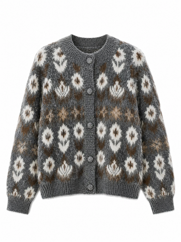 Fuzzy Nordic Floral Diamond Knit Cardigan
