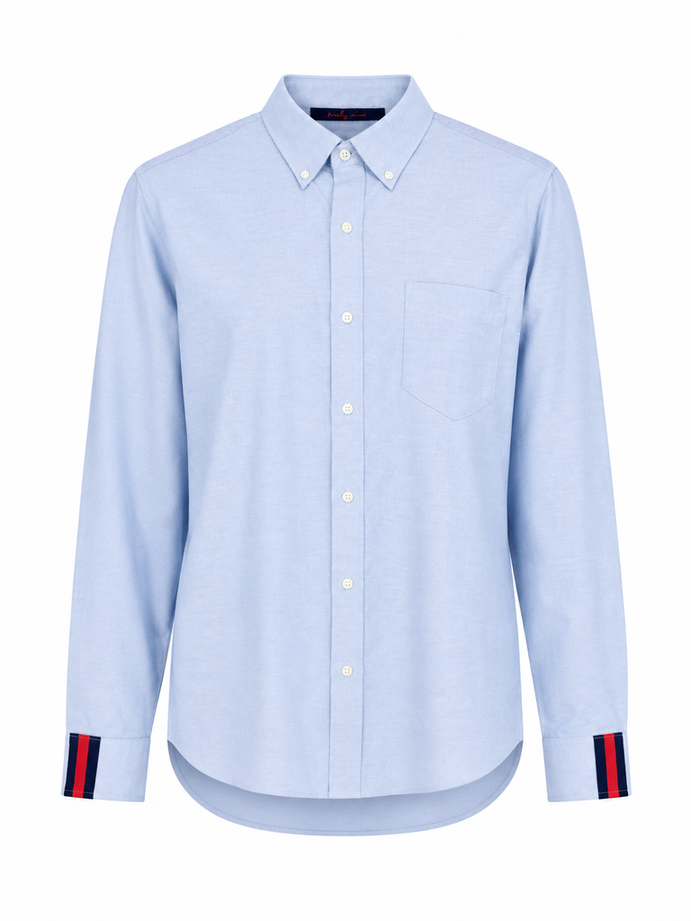 Ben Oxford Cloth Shirt - White w Navy & Red Stripe Ribbon